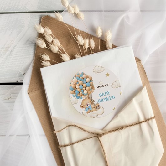 ベアバルーン男の赤ちゃんシャワーブルー ラウンドシール