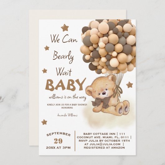 ベアバルーン男の赤ちゃんシャワー 招待状 (正面/裏面)