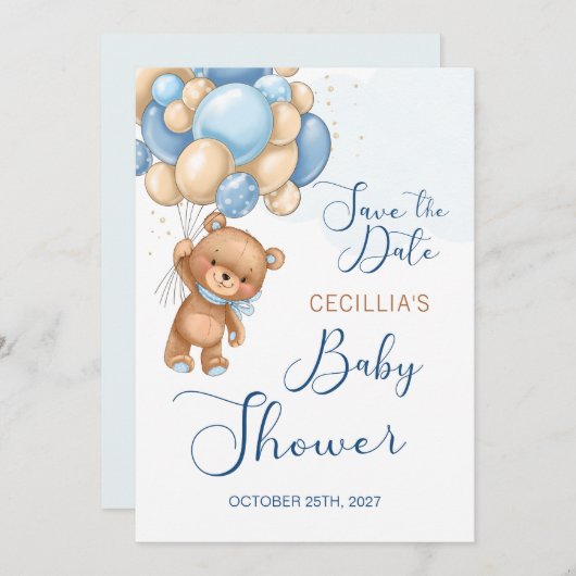ベアバルーン赤ちゃんシャワー日付を保存 招待状 (正面/裏面)
