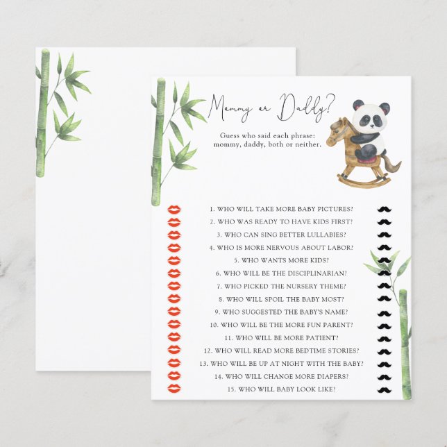 ベアパンダのママまたはパパの赤ちゃんシャワーゲーム (正面/裏面)