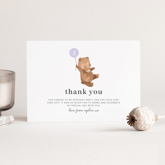 ベアパープルバルーンサンキューカード 招待状