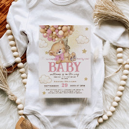 ベアピンクのバルーン心待ち女の子の赤ちゃんシャワー 招待状