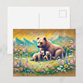 ベアファミリーインマウンテンメドウパステルチョークドロイン ポストカード (正面/裏面)