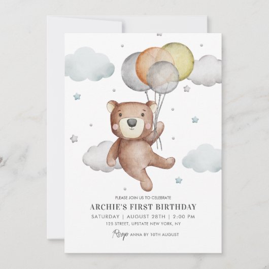 ベアファースト誕生日招待状バルーンキュート 招待状 (正面)