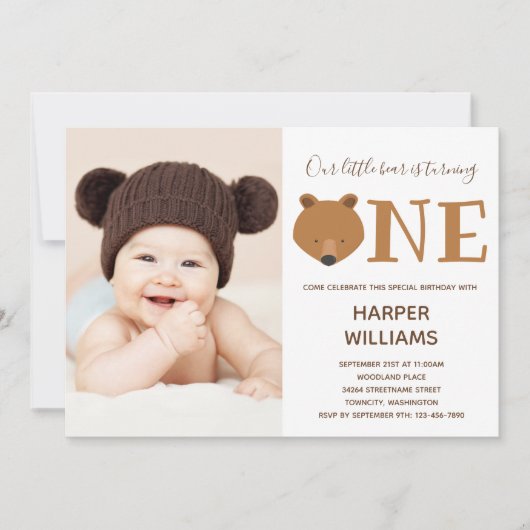 ベアフォトアニマルファースト誕生日招待状 招待状 (正面)