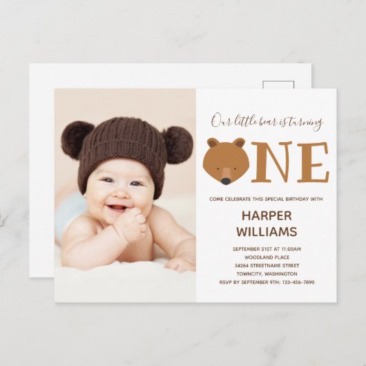 ベアフォトアニマルファースト誕生日 インビテーションポストカード (正面/裏面)