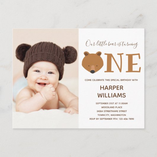 ベアフォトアニマルファースト誕生日 インビテーションポストカード (正面)