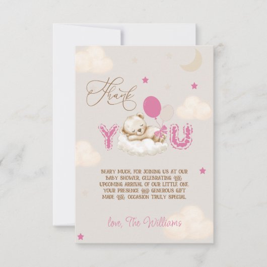 ベアベビーシャワーは非常にピンク サンキューカード (正面)