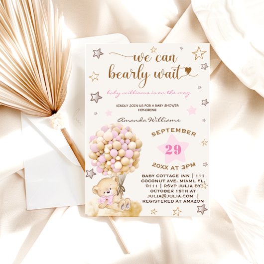 ベアベビーピンクガールベビーシャワーヴィンテージ 招待状