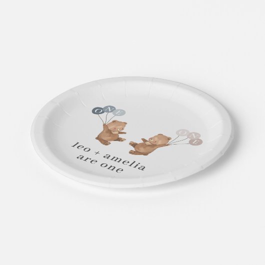 ベアボーイ女の子ツインズ – 合同誕生日 ペーパープレート (アングル)