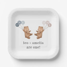 ベアボーイ女の子ツインズ – 合同誕生日 ペーパープレート