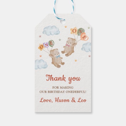 ベアボーイ女の子ツインズ – 最初の誕生日パーティー ギフトタグ (裏面)