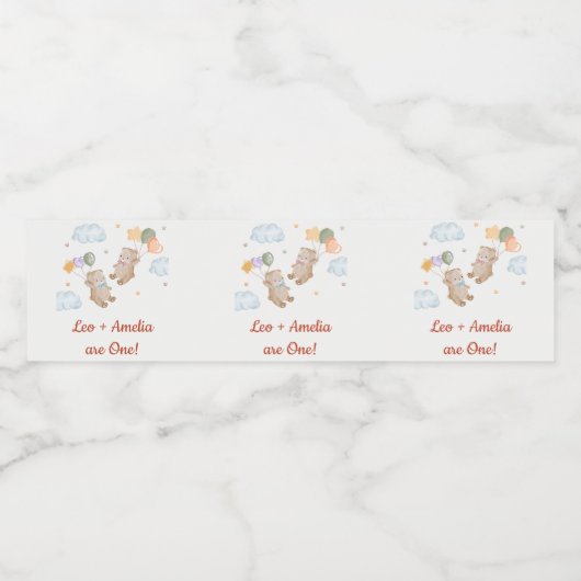 ベアボーイ女の子ツインズ – 最初の誕生日パーティー ペットボトルラベル (シングルラベル)