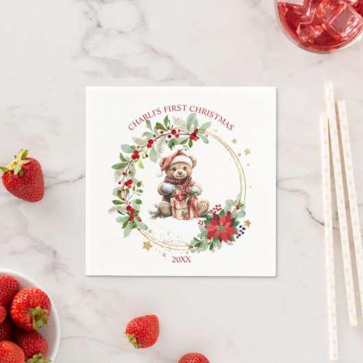 ベアポインセチア葉ベビー初めてのクリスマス スタンダードカクテルナプキン (インサイチュ)