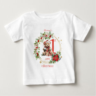 ベアポインセチア葉ベビー初めてのクリスマス ベビーTシャツ