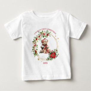 ベアポインセチア葉ベビー初めてのクリスマス ベビーTシャツ