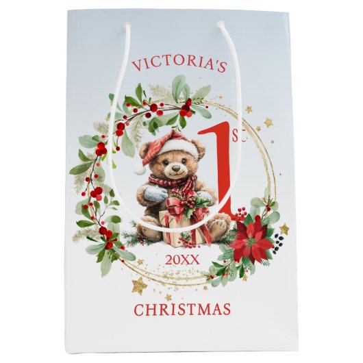 ベアポインセチア葉ベビー初めてのクリスマス ミディアムペーパーバッグ (正面)