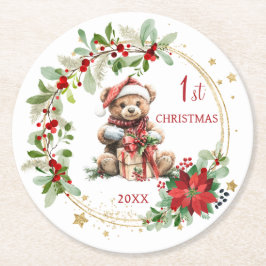 ベアポインセチア葉ベビー初めてのクリスマス ラウンドペーパーコースター