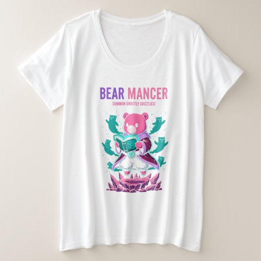 ベアマンサー 幽霊グリズリー 魔術クマ プラスサイズTシャツ (デザイン正面)