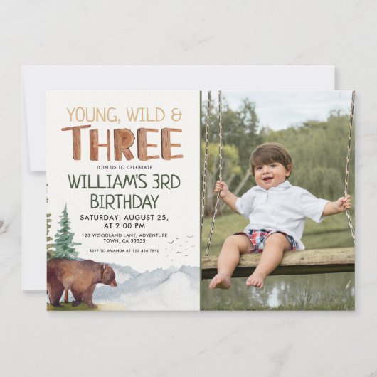 ベアヤング野生と3人の少年3歳の誕生日 招待状 (正面)
