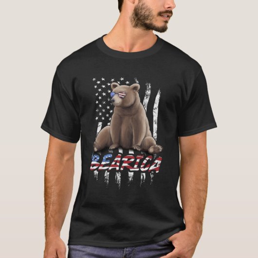 ベアリカプン米国国旗の愛国的な水の色グリズリーB Tシャツ (正面)