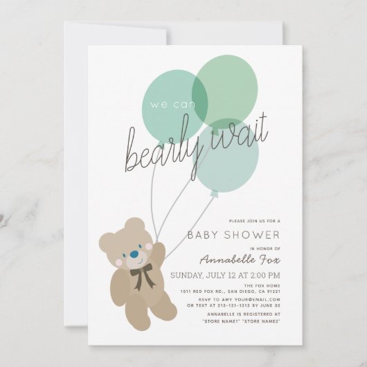 ベアリーウェイベアーミントグリーンベビーシャワー招待状 招待状 (正面)