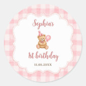 ベアリー1歳の誕生日ベアピンクバルーン ラウンドシール (正面)