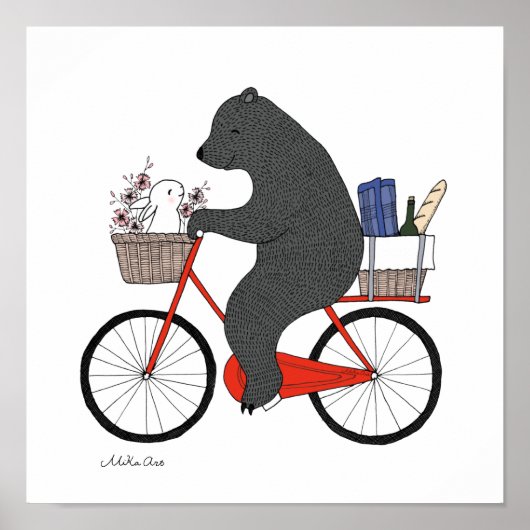 ベアーとバニーがピクニックに行くハッピーベアーラビットアート ポスター (正面)