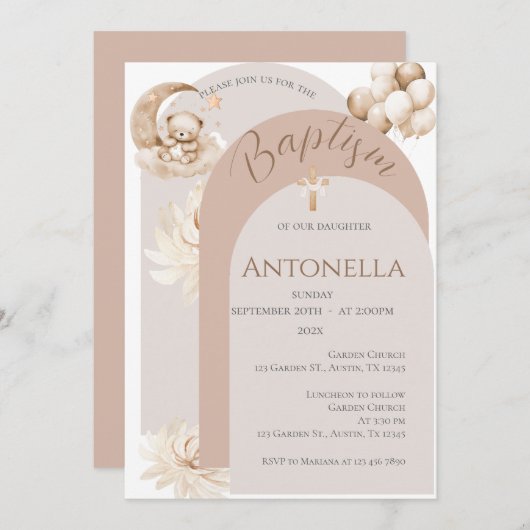 ベアーアンドバルーン女の子バプテスマ招待状 招待状 (正面/裏面)