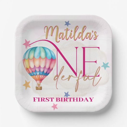 ベアーインザピンクバルーン7"正方形紙プレート ペーパープレート (正面)