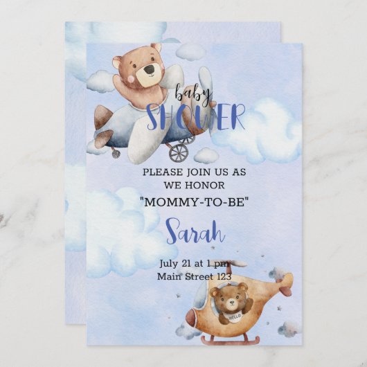 ベアーイン飛行機ベビーシャワー招待状 招待状 (正面/裏面)