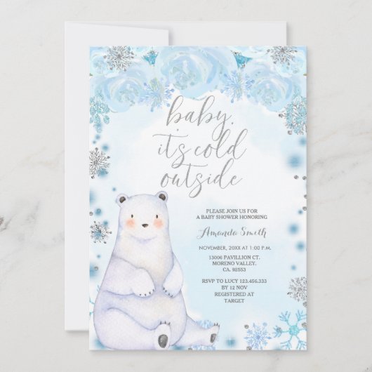 ベアーウィンターシルバー雪片フラワーベビーシャワー 招待状 (正面)