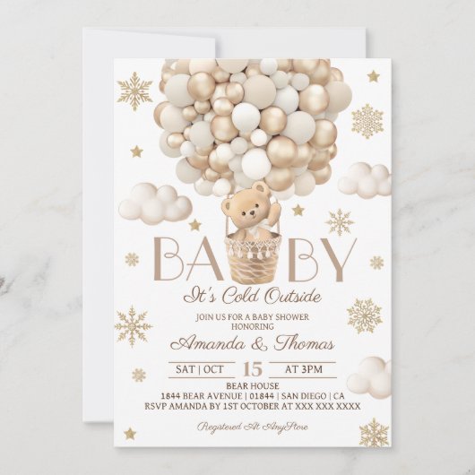 ベアーウィンタースノーフレーク&バルーン赤ちゃんシャワー 招待状 (正面)