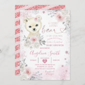 ベアーウィンターパステルピンクスノーフレーク赤ちゃんシャワー 招待状 (正面/裏面)