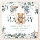 ベアーオンスイングセージ緑ニュートラルベビーシャワー スクエアペーパーコースター (正面)