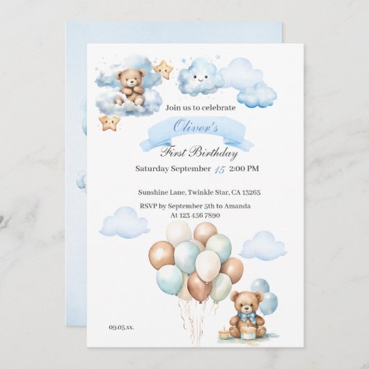 ベアーオンフライトブルーボーイズ誕生日 招待状 (正面/裏面)