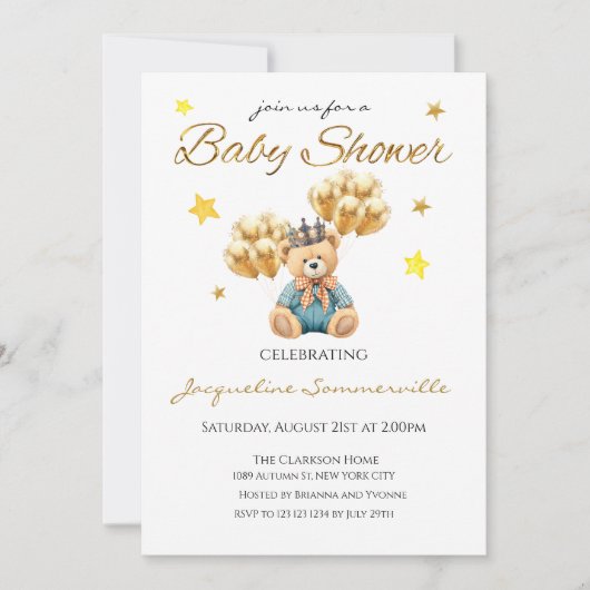 ベアークラウン金ゴールドバルーン赤ちゃんシャワー男の子 招待状 (正面)