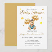 ベアークラウン金ゴールドバルーン赤ちゃんシャワー男の子 招待状 (正面/裏面)