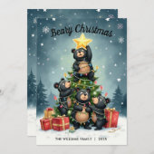 ベアークリスマスツリー家族名クリスマスカード シーズンカード (正面/裏面)