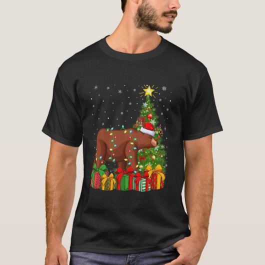 ベアークリスマスツリー照明サンタハットグリズリーベアChr Tシャツ (正面)