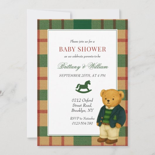 ベアークリスマスプ名門私立校風のライドベビーシャワー 招待状 (正面)