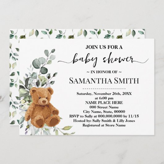ベアーグリーンユーカリ赤ちゃんシャワー 招待状 (正面/裏面)