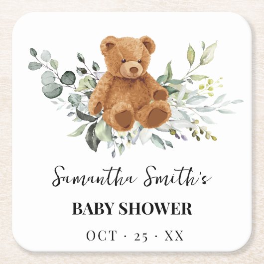 ベアーグリーンリーベビーシャワースクエア紙コースター スクエアペーパーコースター (正面)