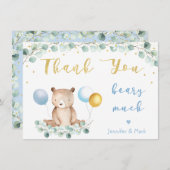 ベアーグリーンリー金ゴールドブルーベビーシャワーありがとう サンキューカード (正面/裏面)