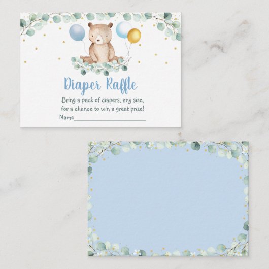 ベアーグリーンリー金ゴールドブルーベビーシャワーおむつラッフル エンクロージャーカード (正面/裏面)