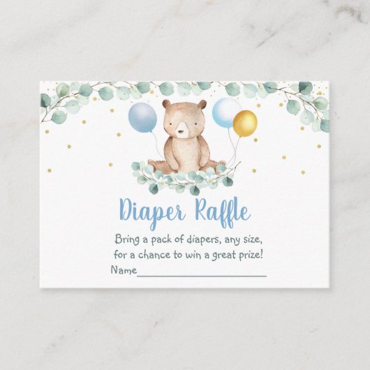 ベアーグリーンリー金ゴールドブルーベビーシャワーおむつラッフル エンクロージャーカード (正面)