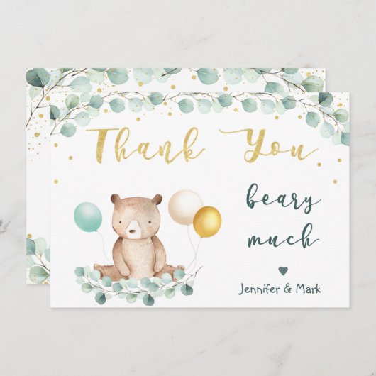 ベアーグリーンリー金ゴールドベビーシャワーありがとう サンキューカード (正面/裏面)