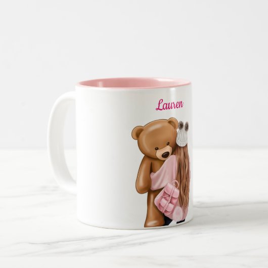ベアーコーヒーとピンクの女パーソナライズされたのカスタム子 ツートーンマグカップ (正面左)
