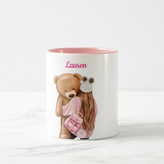 ベアーコーヒーとピンクの女パーソナライズされたのカスタム子 ツートーンマグカップ (中央)