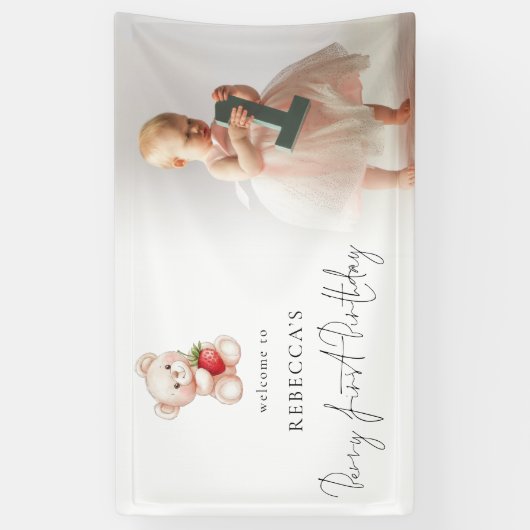 ベアーストロベリーフォトウェルカムベリーファースト誕生日 横断幕 (縦)